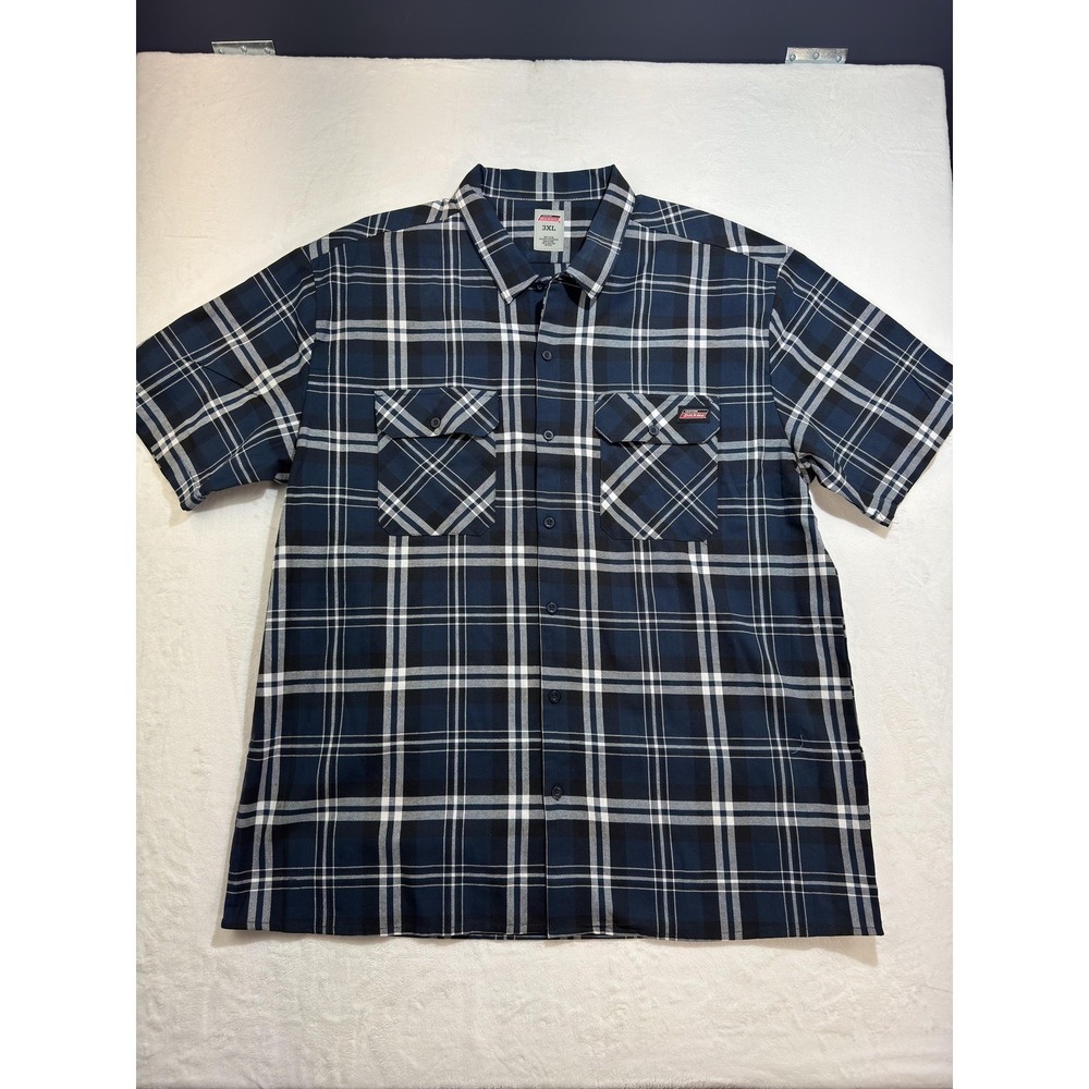 Dickies Shirt Mens 3XL Blue‎ Plaid Short Sleeve Button Front Workwear Cotton